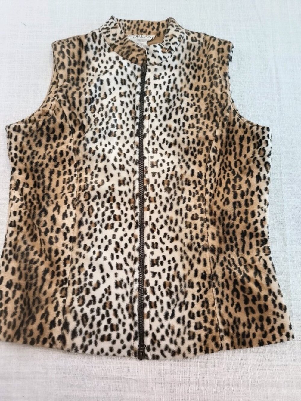 Vintage Jordan Leopard Print Faux Fur Zip Front Sleeveless Lined Vest Size S